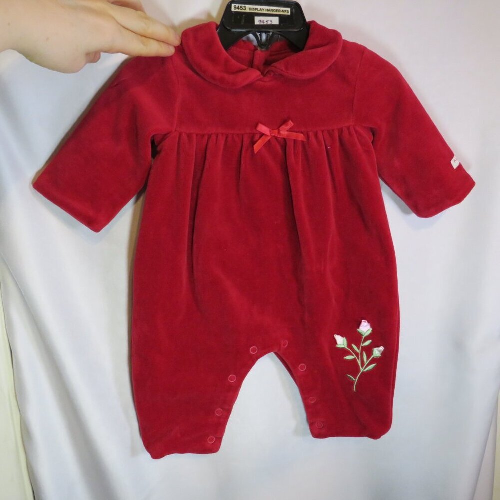 Baby Red Velour bodysuit w Roses embroidered on leg